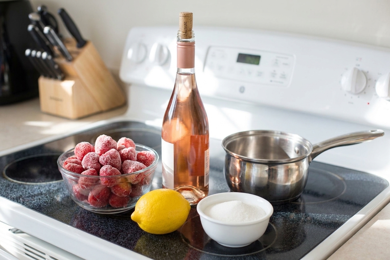 Frozen strawberries, a bottle of rosé, a lemon, sugar, and a small saucepan set up on a bright kitchen counter