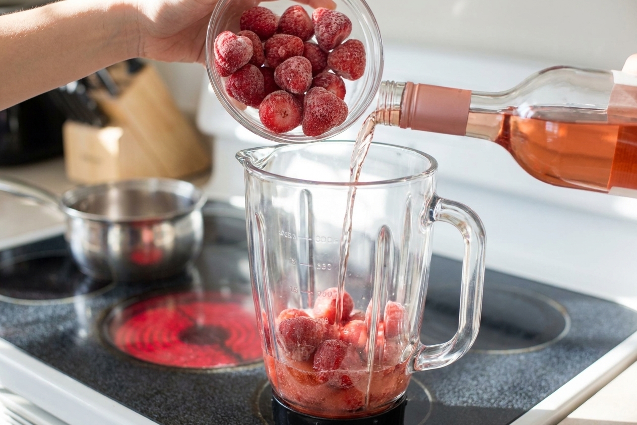 Frozen strawberries and rosé being added to a blender jar on a kitchen counter