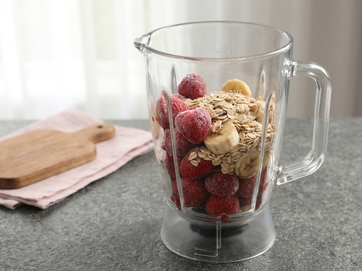 Frozen strawberries, banana pieces, and rolled oats piled in a blender jar ready to blend on a clean countertop