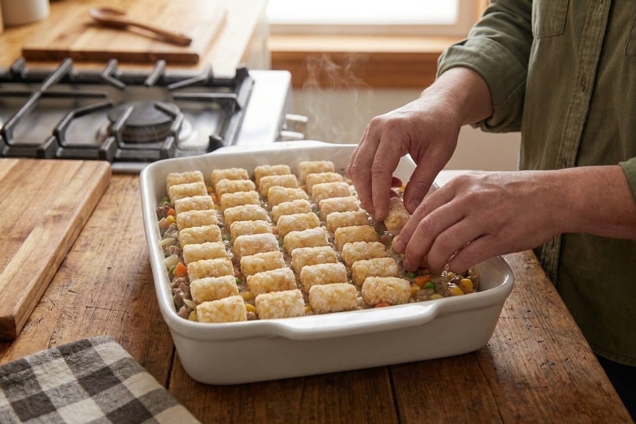 Frozen tater tots arranged in neat rows over a casserole dish filled with creamy beef mixture on a kitchen counter