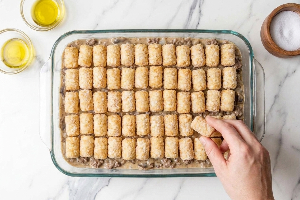 Frozen tater tots arranged in rows on top of a casserole in a baking dish before baking