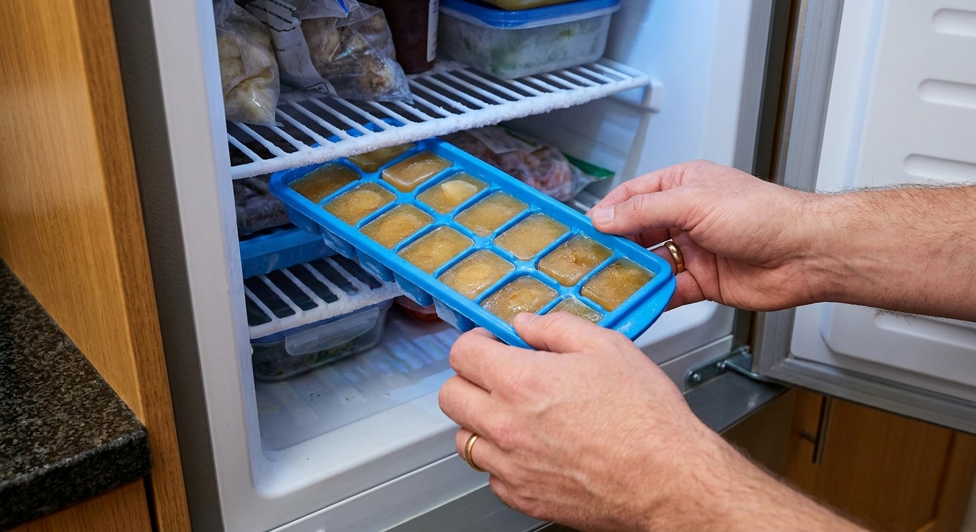 Frozen turkey stock cubes in an ice cube tray on a freezer shelf, ready for quick cooking