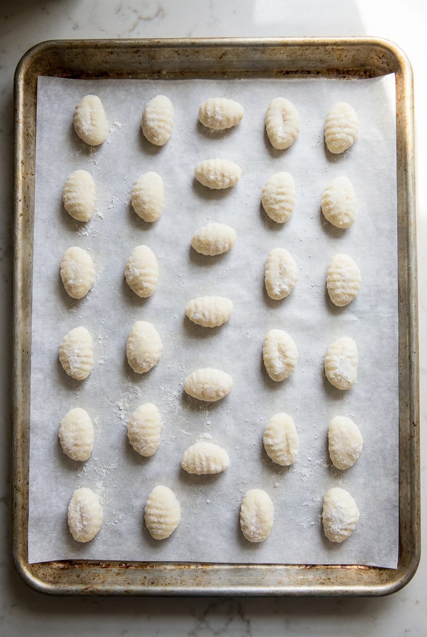 Frozen uncooked gnocchi spaced out on a parchment-lined baking sheet