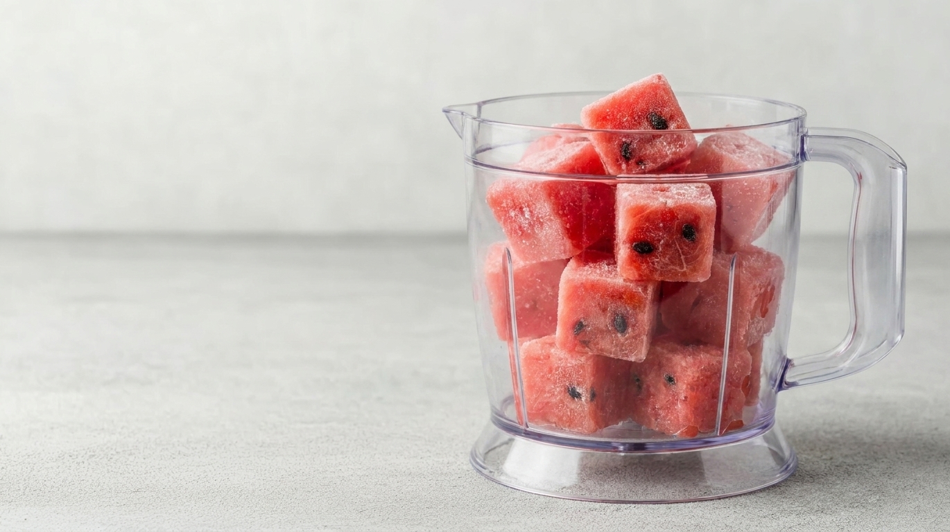 Frozen watermelon cubes in a blender jar