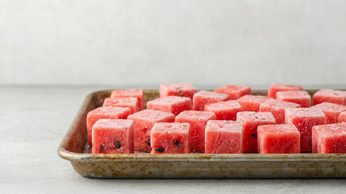 Frozen watermelon cubes on a sheet pan