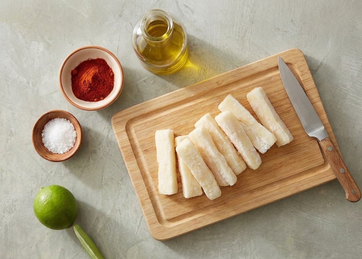 Frozen yuca (cassava) pieces on a cutting board next to a chef knife and small bowls of salt and spices on a home kitchen counter