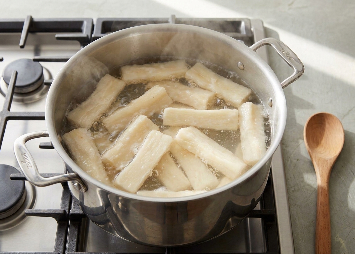 Frozen yuca pieces simmering in a large pot of water on a home stove