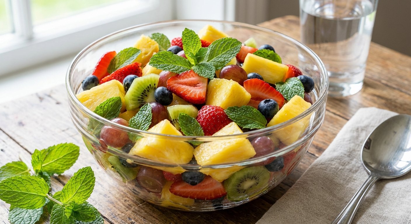 Fruit salad with pineapple chunks and mint in a bowl