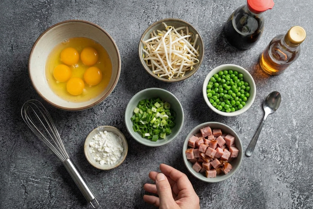 Fu yong egg ingredients arranged on a kitchen counter including eggs, bean sprouts, scallions, peas, diced ham, soy sauce, sesame oil, and cornstarch