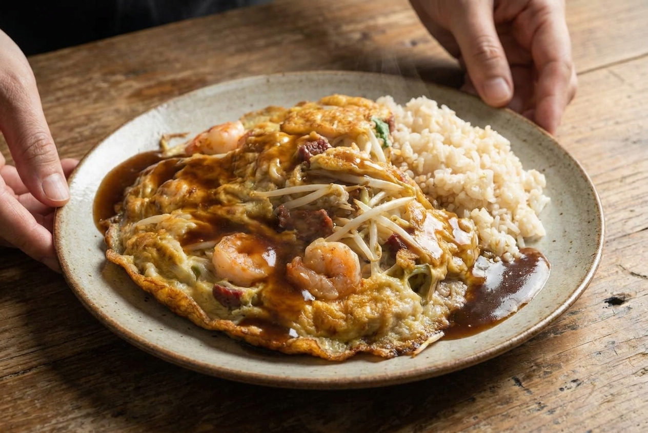 Fu yong egg served with steamed rice and brown gravy on a dinner plate at a wooden table
