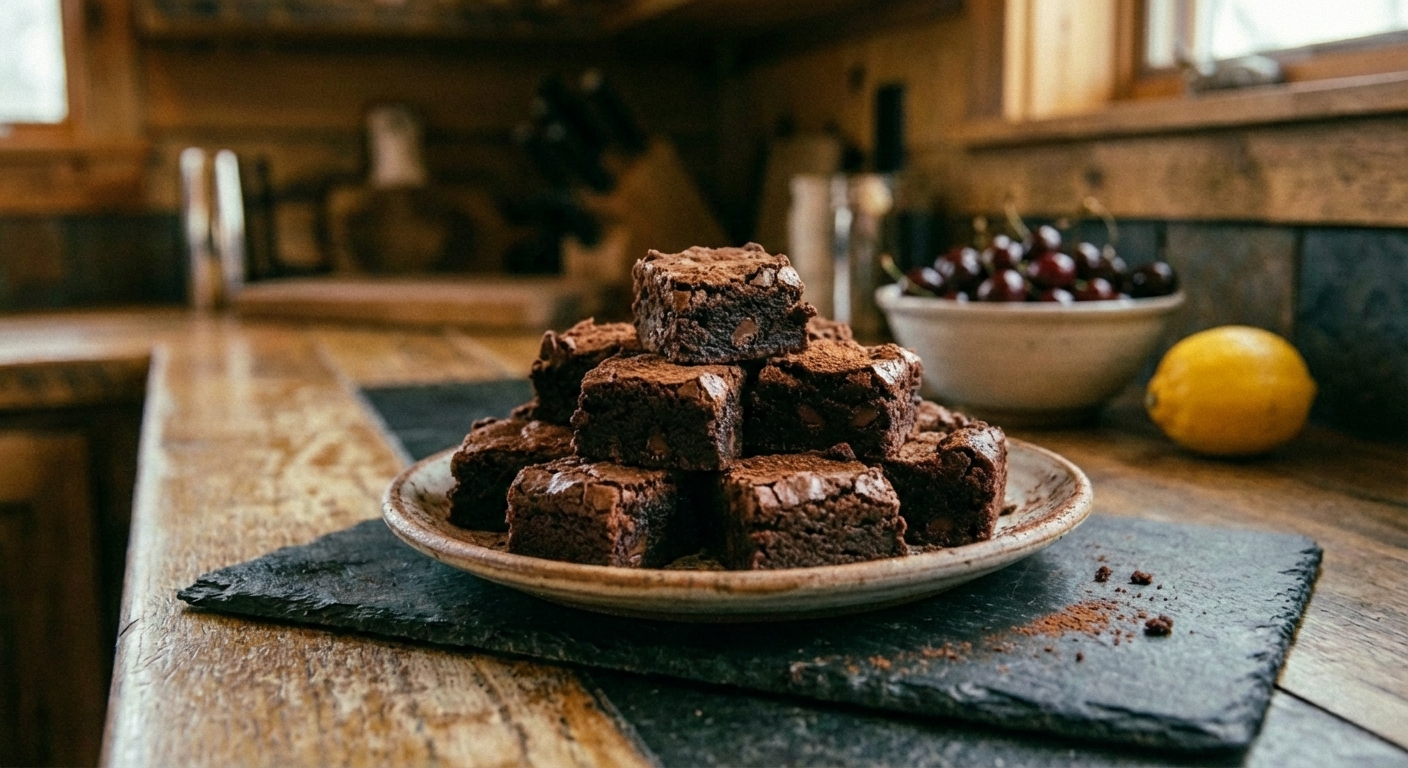 Fudgy brownie bites piled on a small platter