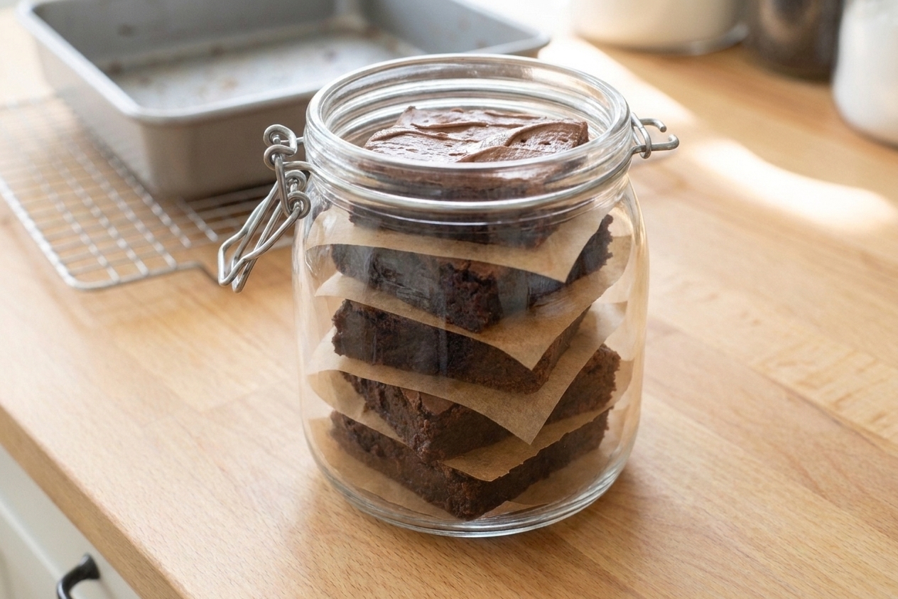 Fudgy brownie squares stacked in an airtight glass container with parchment paper between layers on a kitchen counter