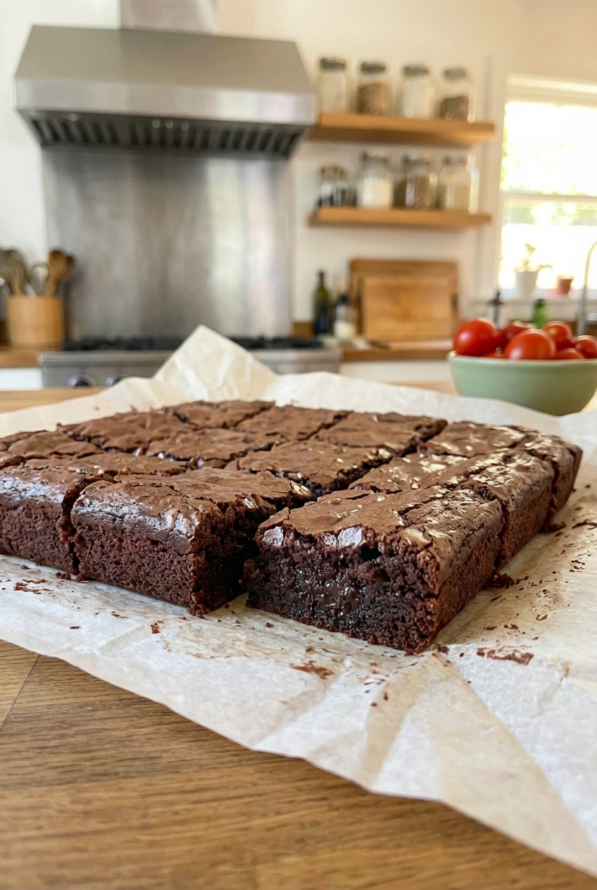 Fudgy brownies cut into squares on parchment paper