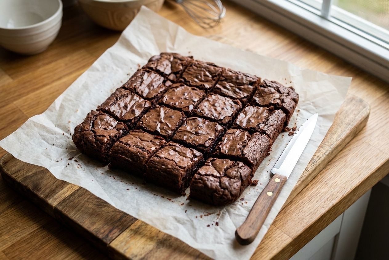 Fudgy brownies sliced into neat squares on parchment paper, with a sharp knife resting nearby on a wooden cutting board