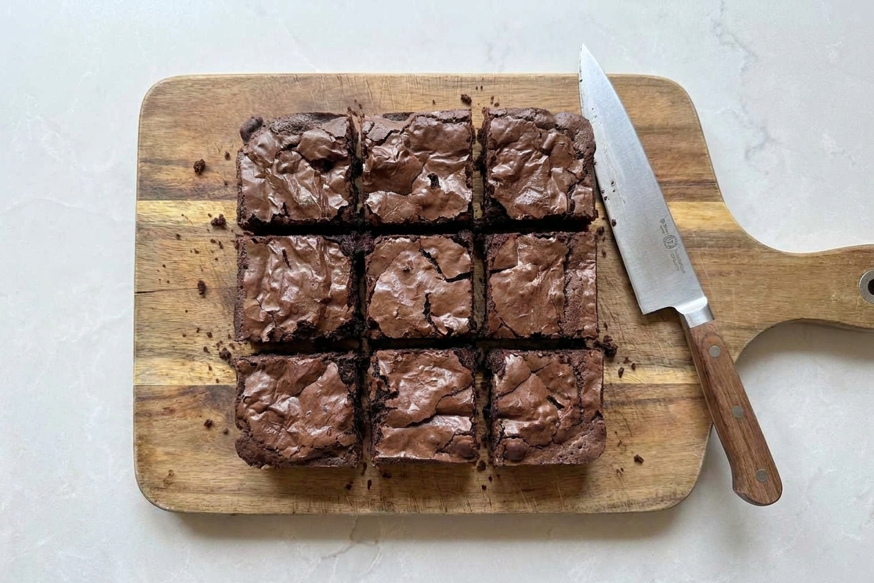 Fudgy brownies sliced into squares on a wooden cutting board with a kitchen knife nearby