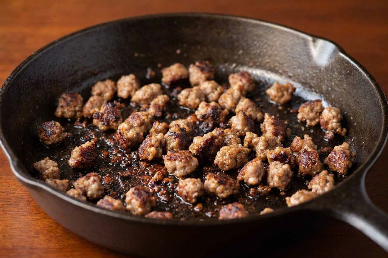 Fully browned sausage crumbles with crisp edges in a cast iron skillet, with visible browned bits on the pan surface
