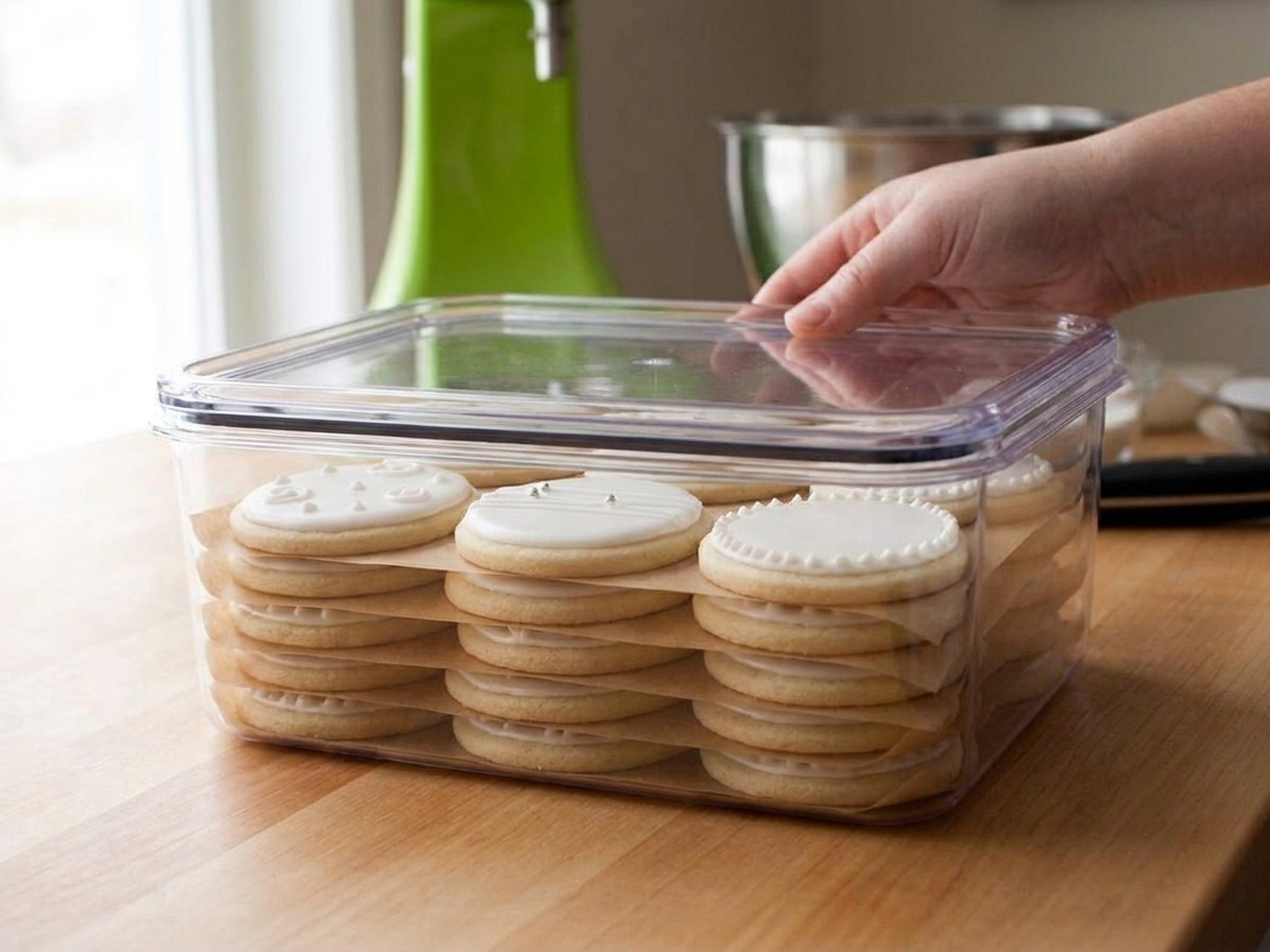 Fully dried royal iced cookies stacked in an airtight container with parchment paper between layers on a kitchen counter