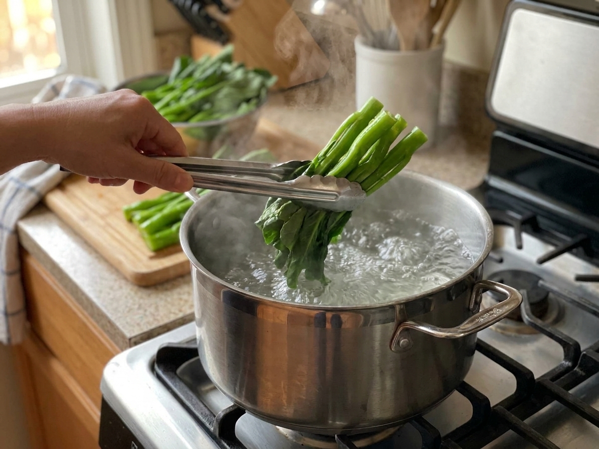 Gai lan being blanched in a pot of boiling water on a home stove while a hand holds tongs above the pot
