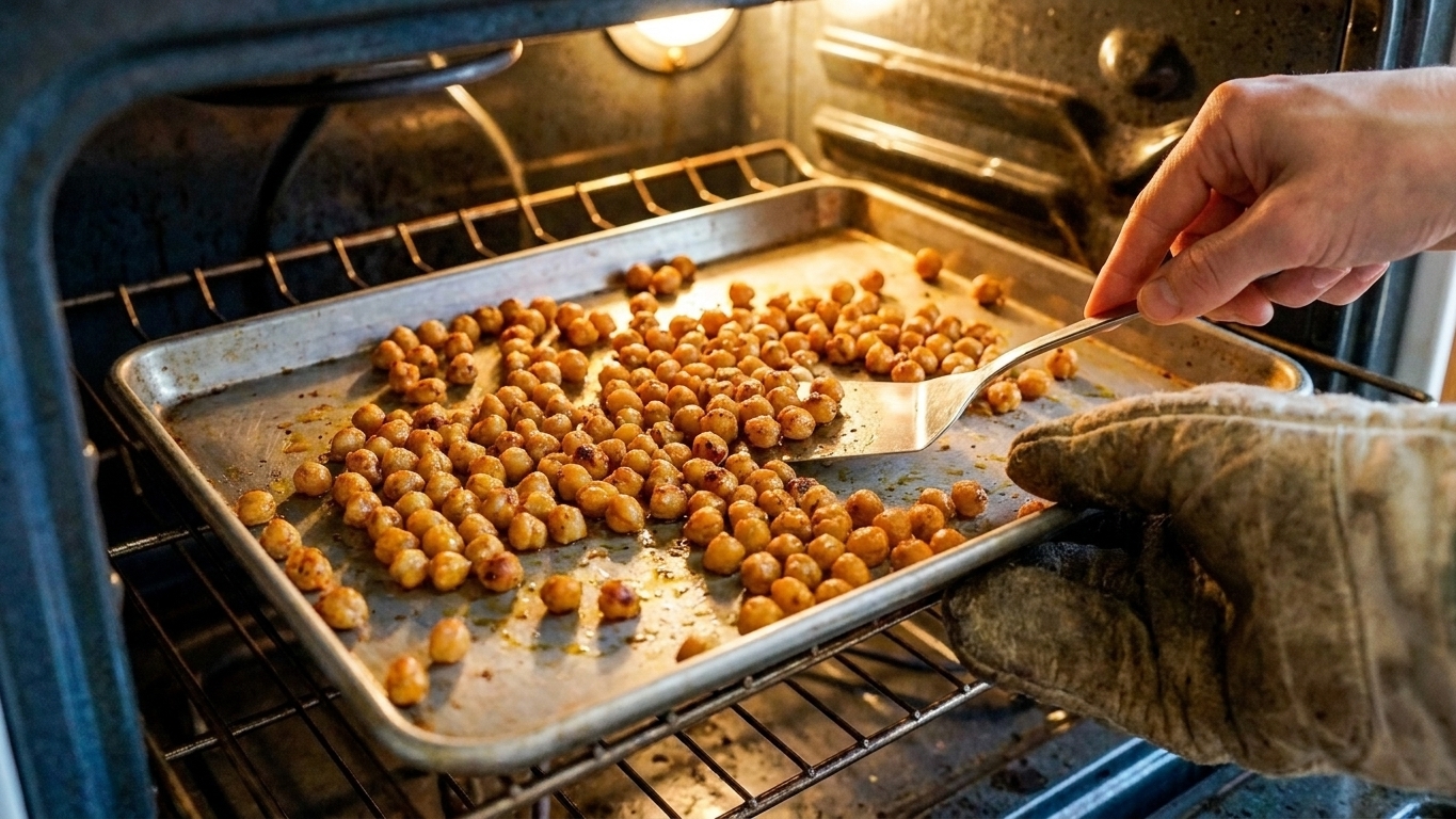 Garbanzo beans spread in a single layer on a baking sheet in an oven, mid-roast with lightly browned edges