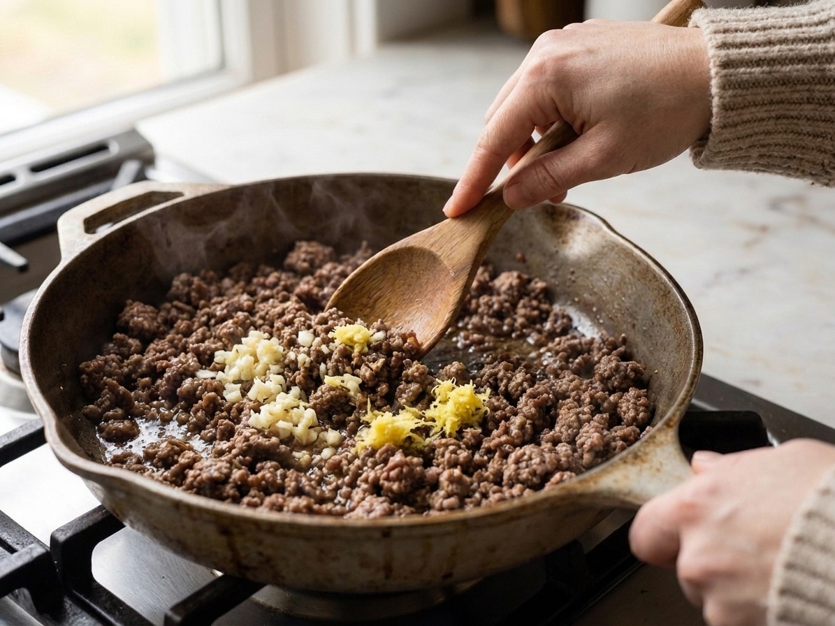 Garlic and ginger being stirred into browned ground beef in a skillet on the stovetop