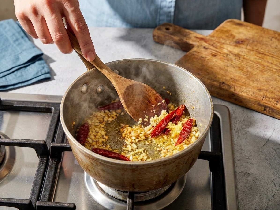 Garlic and ginger sizzling in a small saucepan with dried red chiles as a wooden spoon stirs on a stovetop