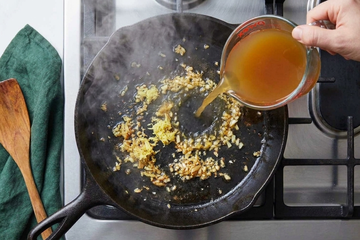 Garlic and grated ginger blooming in a pan as chicken broth is poured in, with steam rising on a stovetop