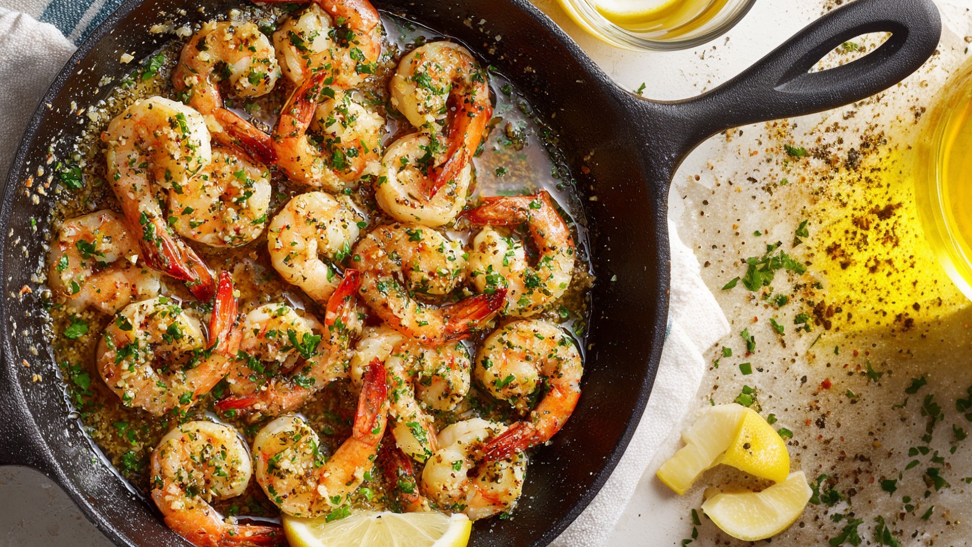 Garlic and herbs sizzling in melted butter in a large skillet on a stovetop, captured mid-cook