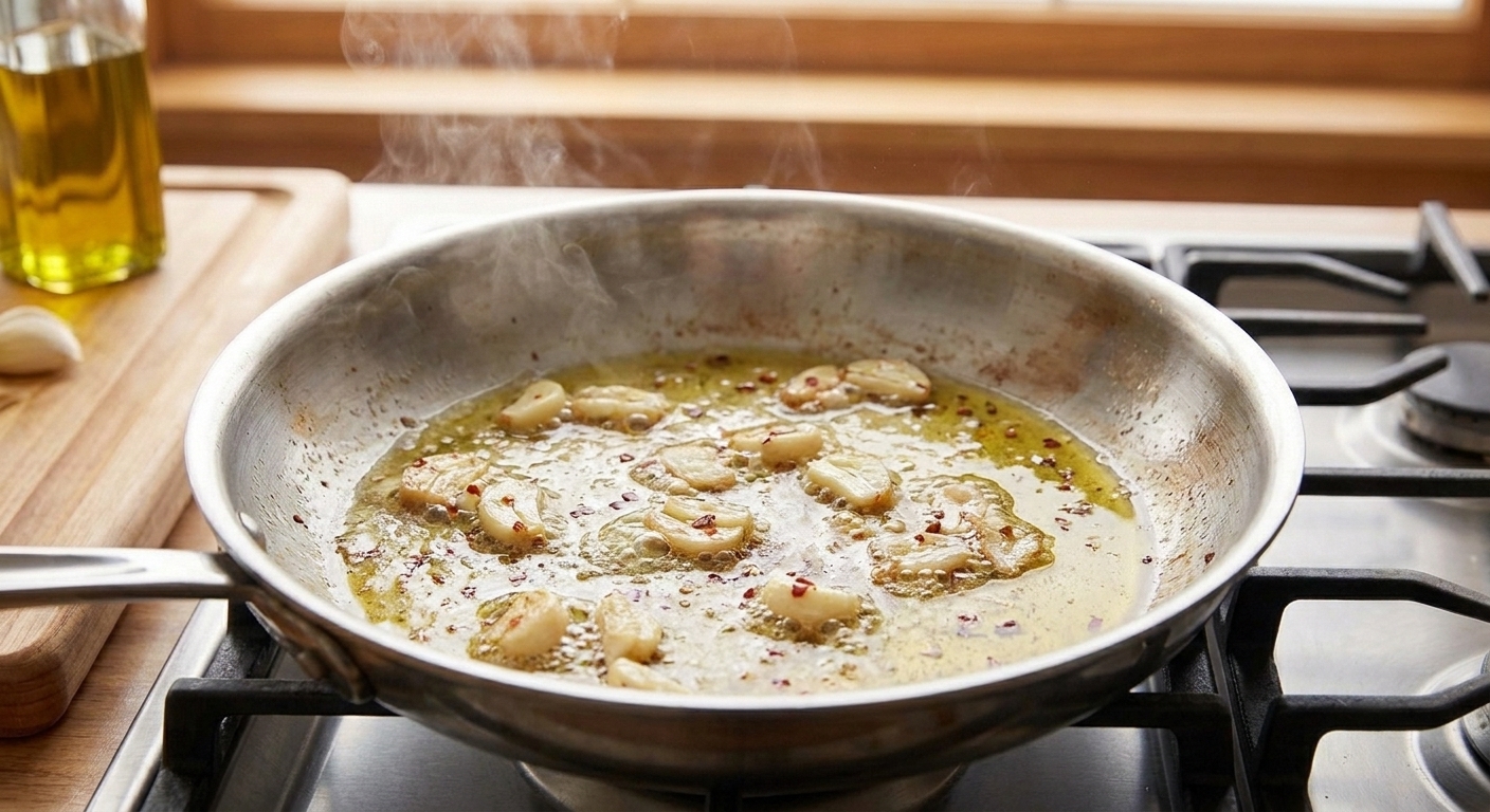 Garlic and red pepper flakes sizzling in melted butter and olive oil in a stainless steel skillet on a home stove