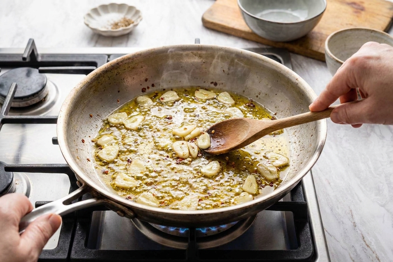 Garlic and red pepper flakes sizzling in olive oil in a wide skillet on a home stove