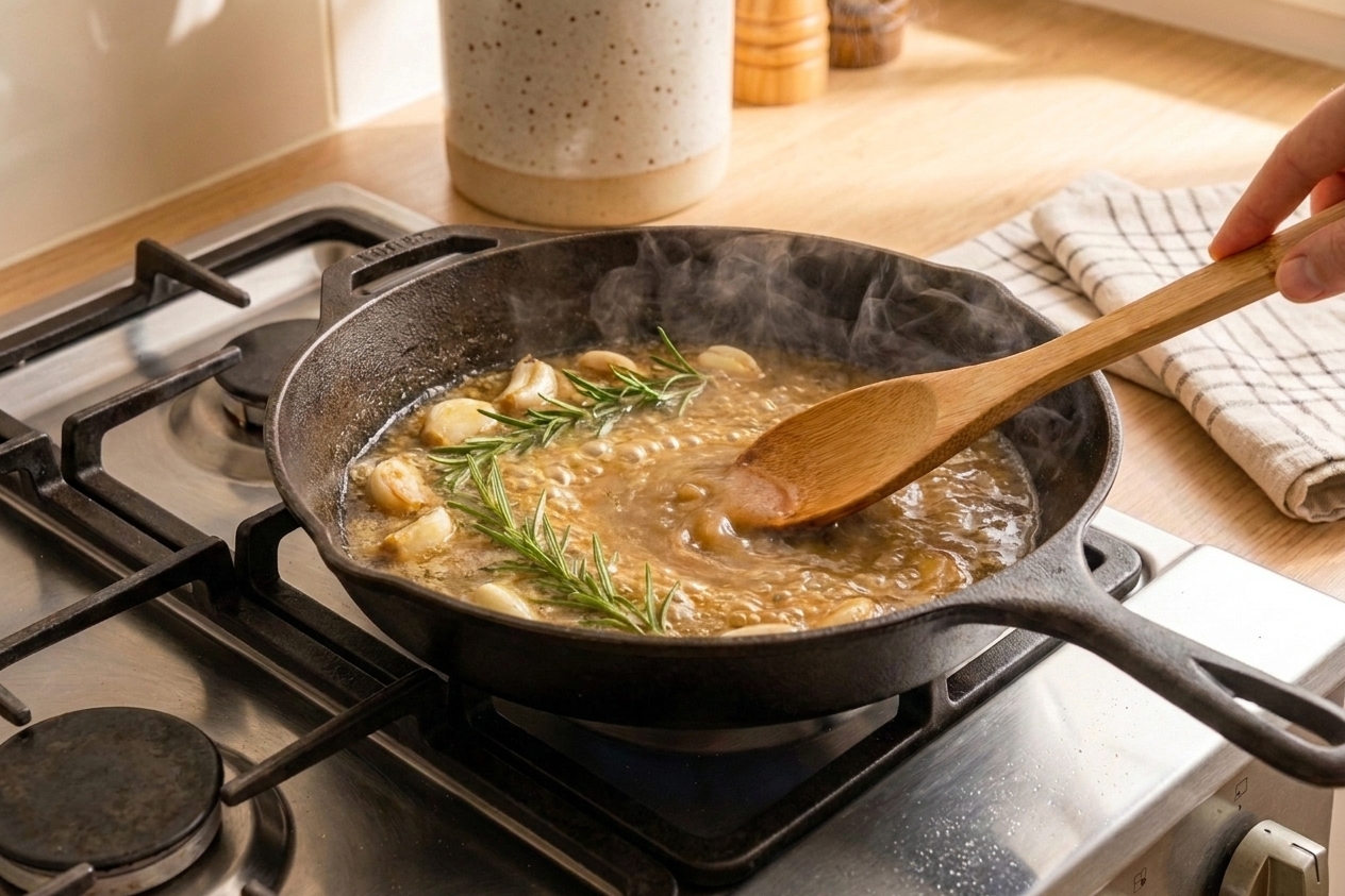 Garlic and rosemary simmering in a skillet with chicken broth as a pan sauce reduces, a wooden spoon stirring and steam rising