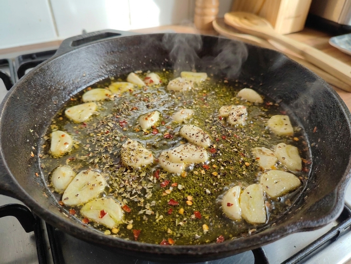 Garlic and seasonings sizzling in olive oil in a large skillet on a stovetop