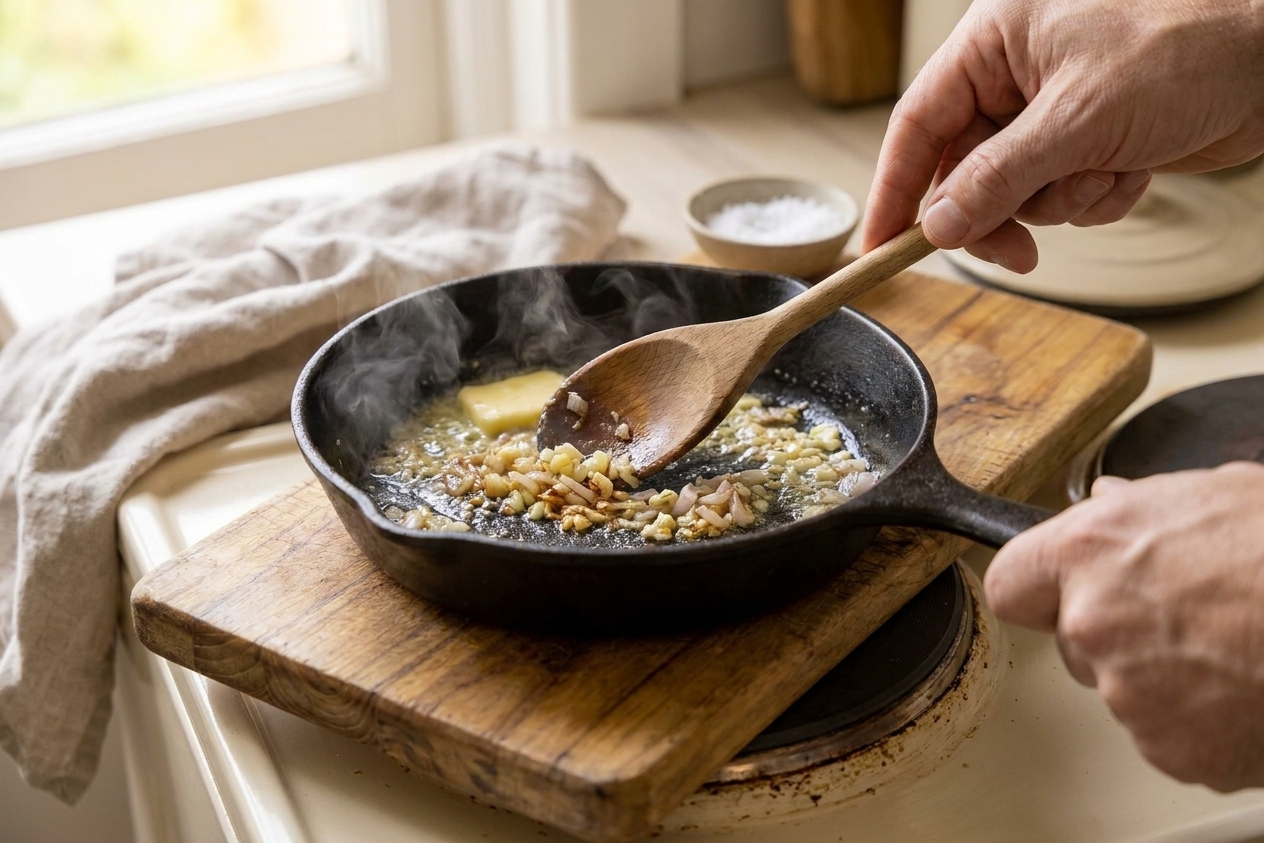Garlic and shallot sizzling in a small skillet on a stovetop with a wooden spoon stirring