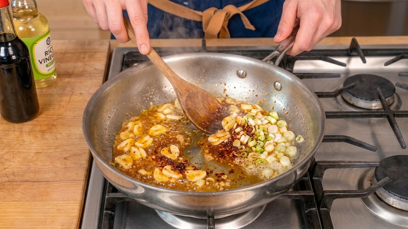 Garlic and sliced scallion whites sizzling in chili crisp and melted butter in a wide skillet on a stovetop