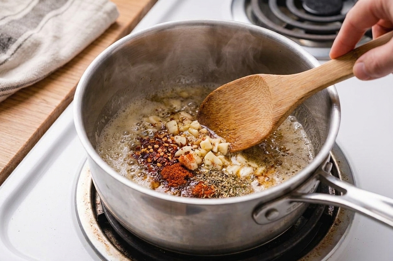 Garlic and spices blooming in melted butter in a small saucepan on the stove