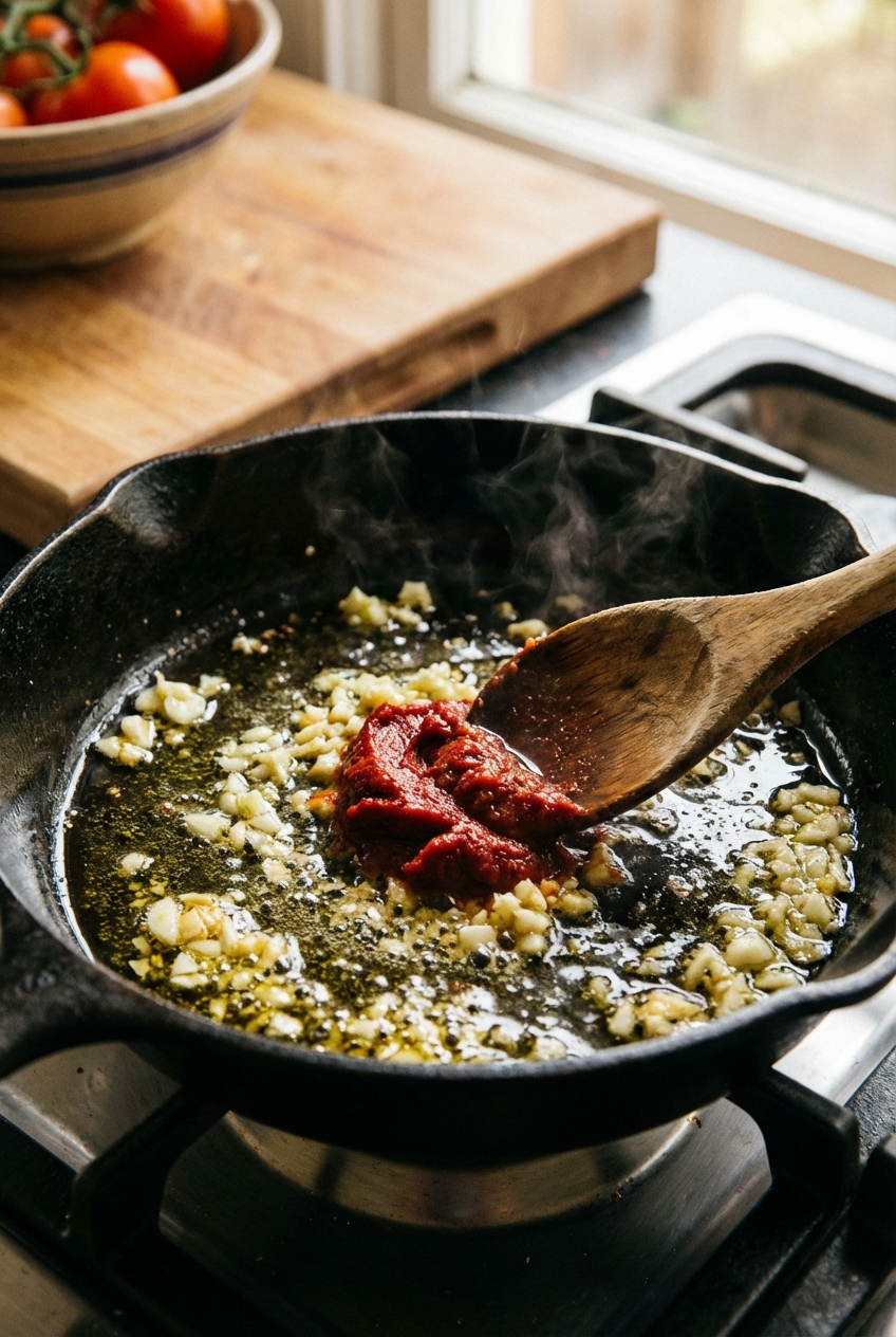 Garlic and tomato paste sizzling in a skillet with a wooden spoon, starting the sauce