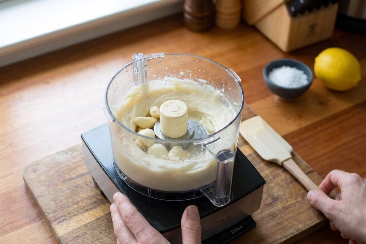 Garlic being processed into a smooth paste in a food processor with the lid off and a spatula nearby