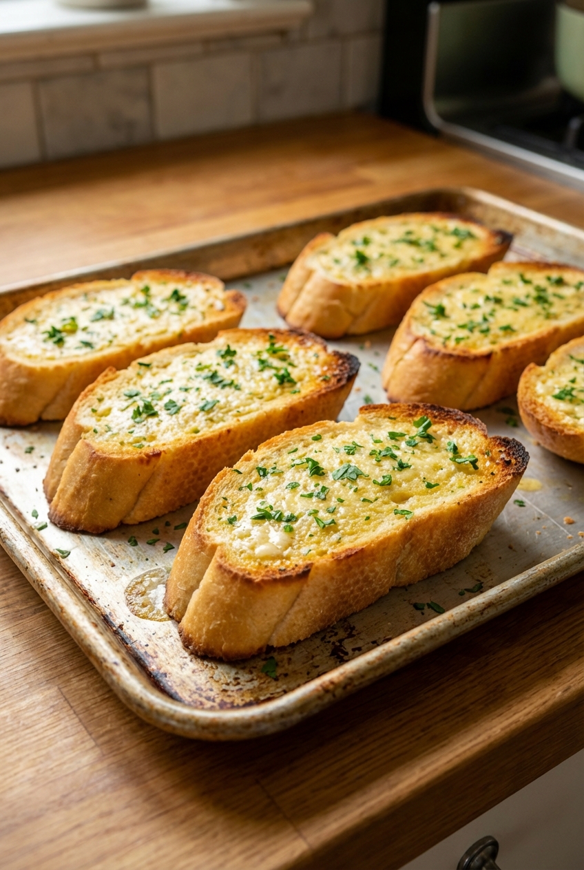 Garlic bread slices on a baking sheet with golden edges