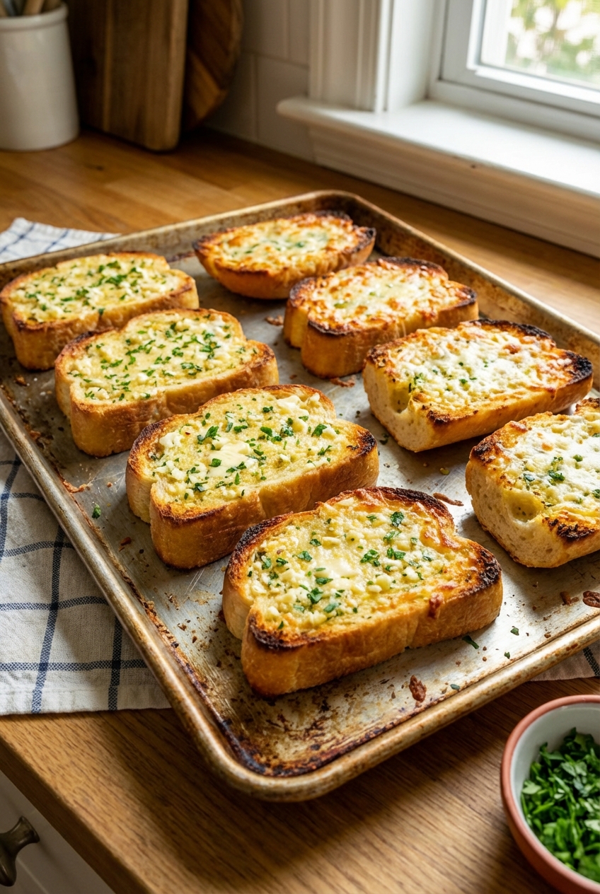 Garlic bread slices on a baking sheet with golden toasted edges