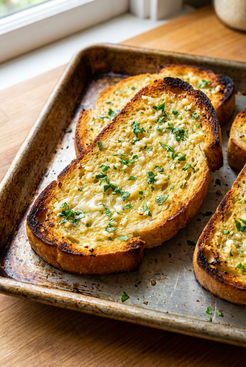 Garlic bread slices on a baking sheet with toasted edges and parsley