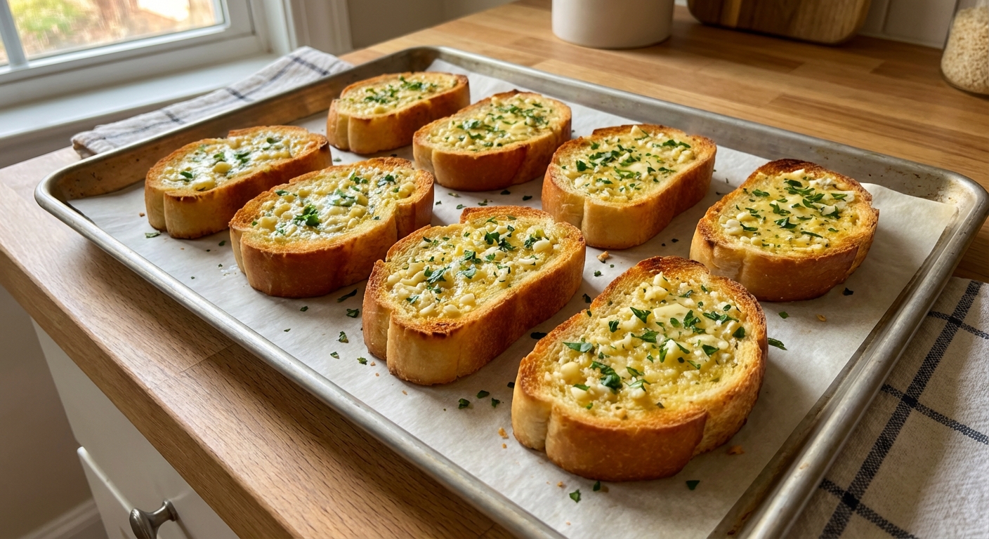 Garlic bread slices on a baking sheet