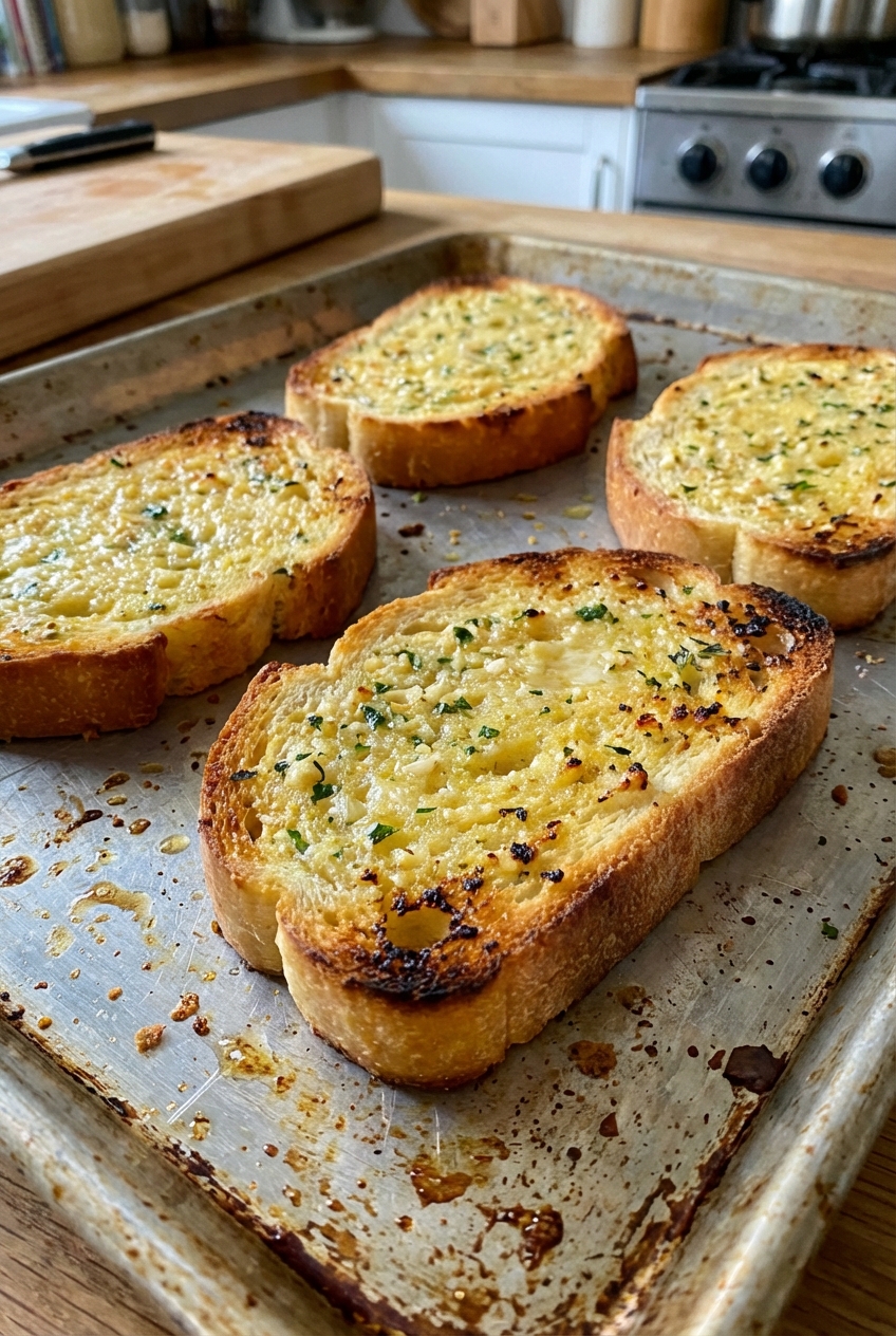 Garlic bread slices on a baking tray with golden toasted edges