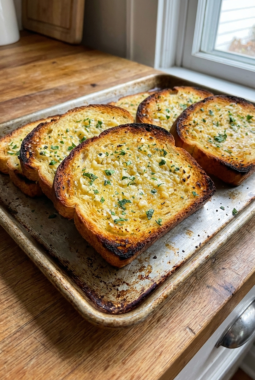 Garlic bread slices on a baking tray with toasted edges