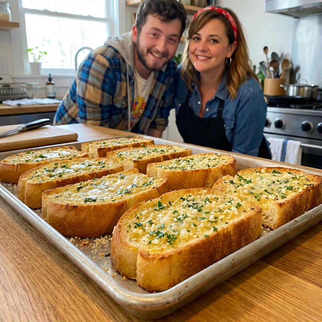 Garlic bread slices on a baking tray