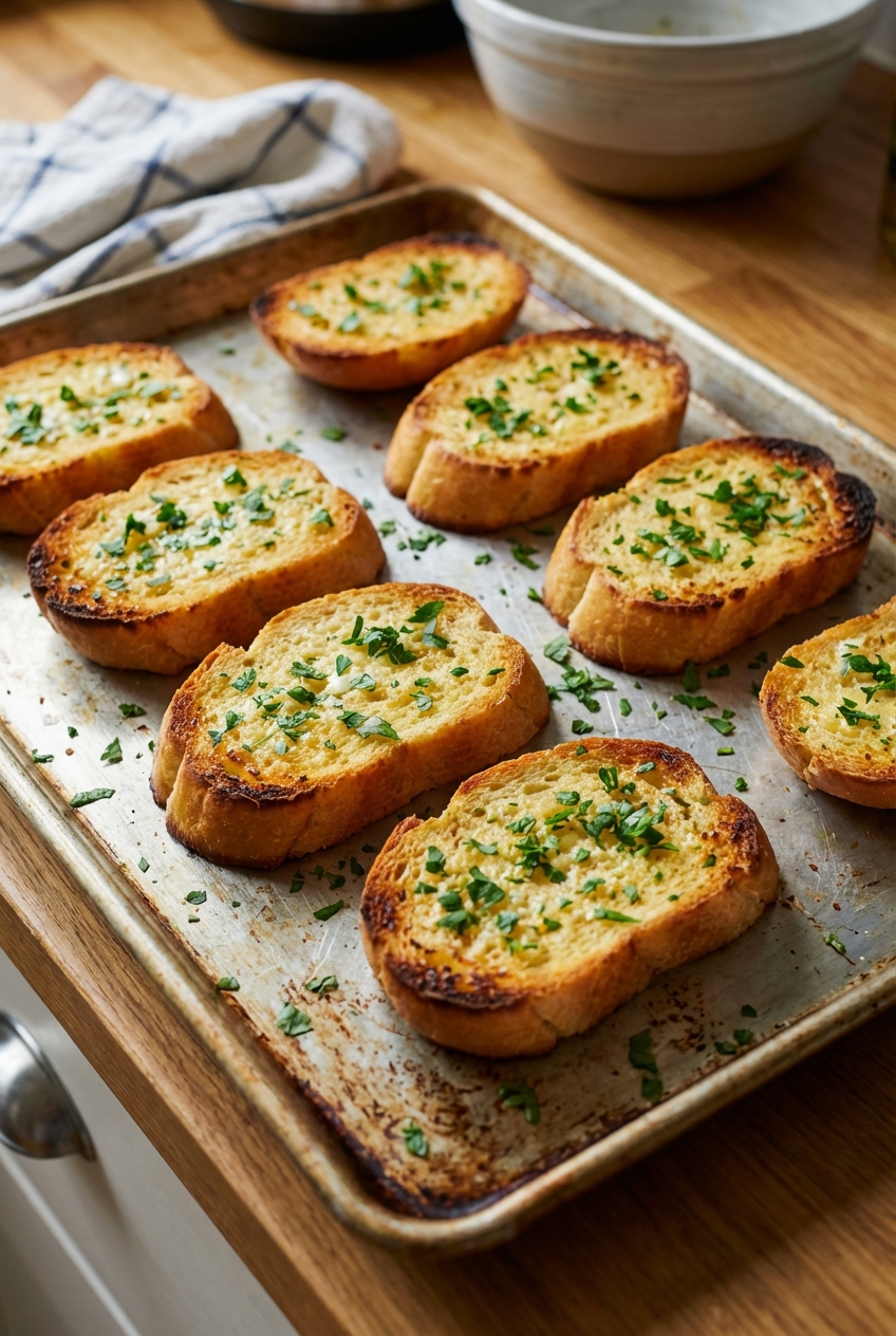 Garlic bread slices on a sheet pan with browned edges and parsley
