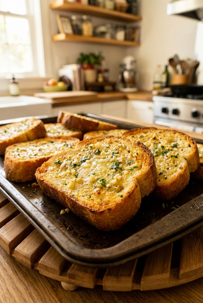 Garlic bread slices toasted and golden on a baking tray