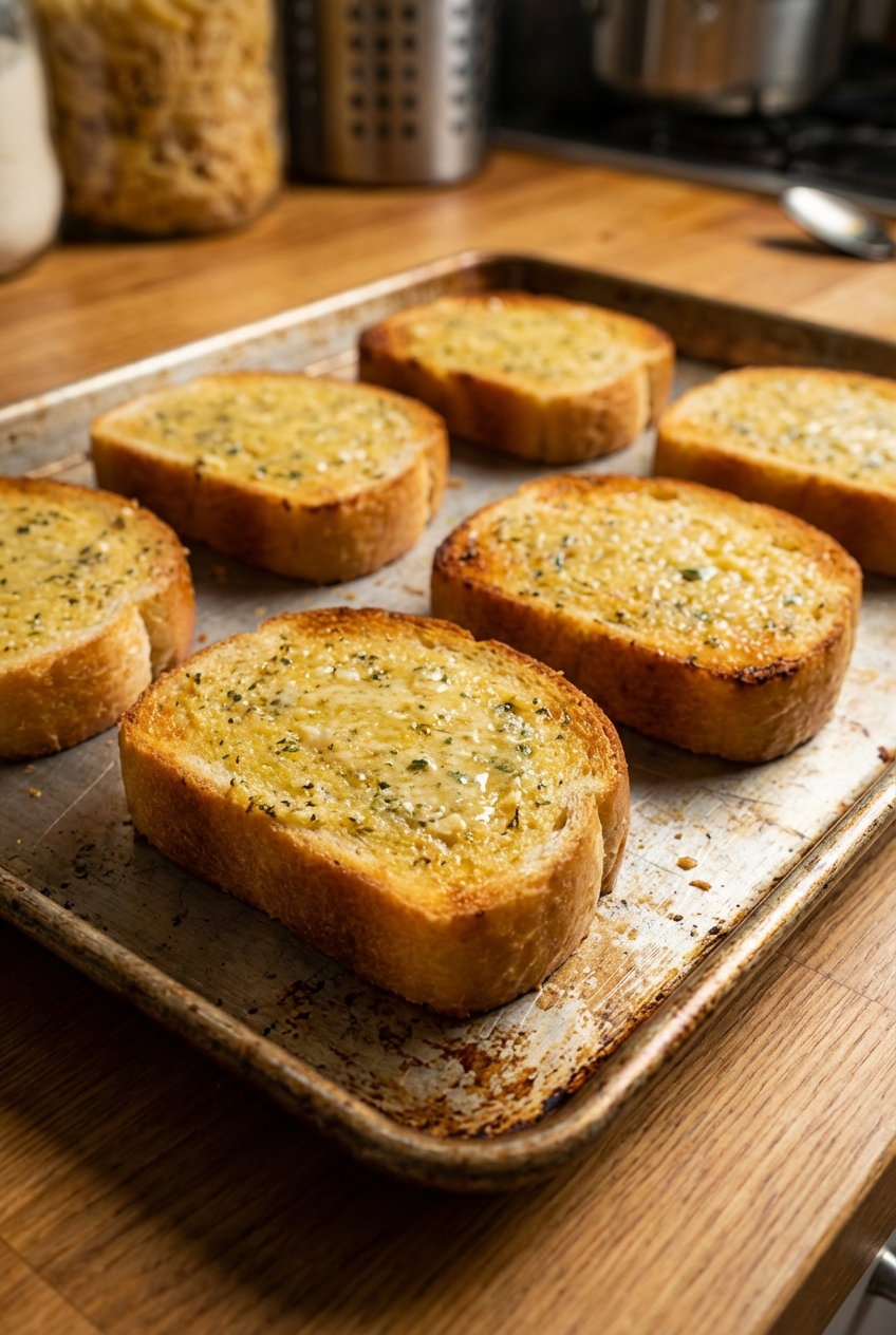 Garlic bread slices toasted and golden on a baking sheet
