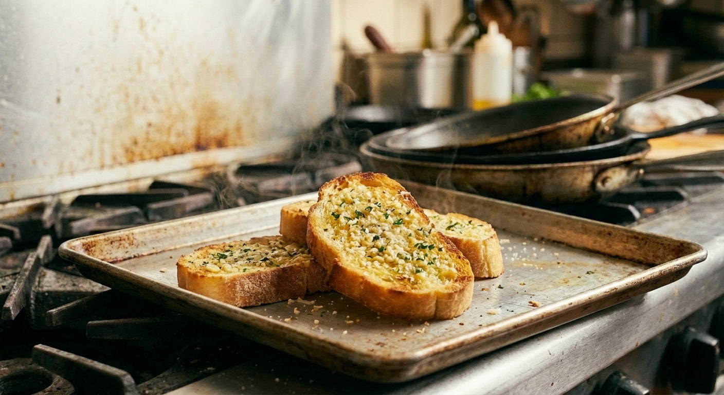 Garlic bread slices toasted golden on a baking sheet