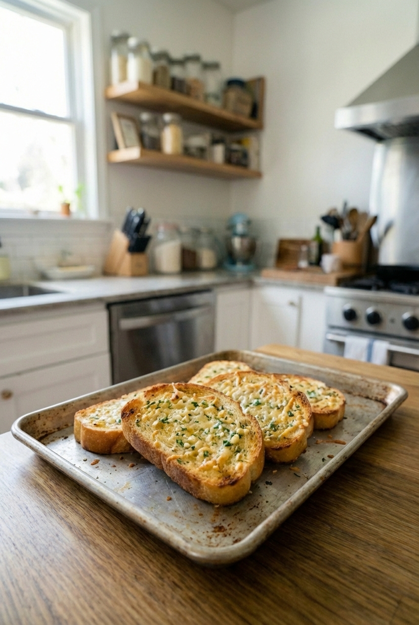 Garlic bread slices toasted golden on a sheet pan