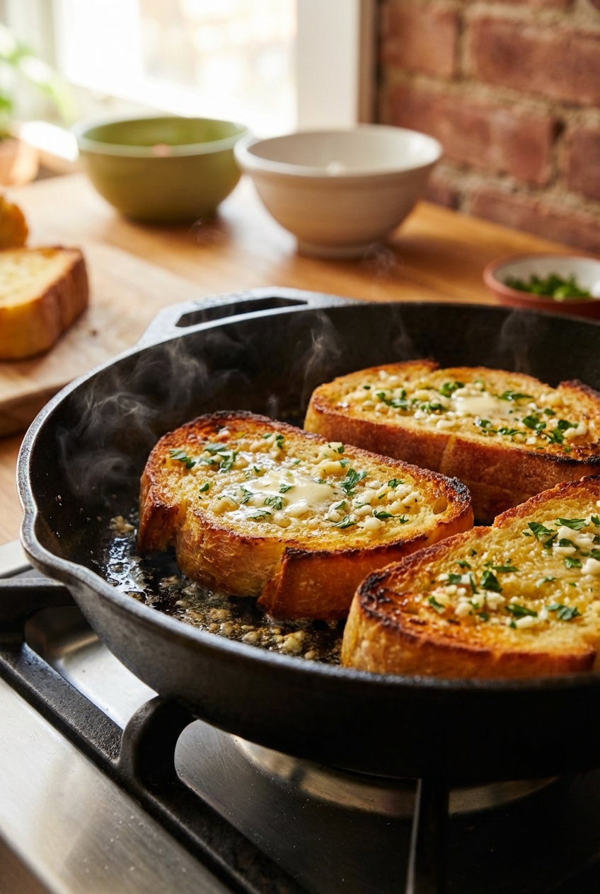 Garlic bread slices toasted in a skillet with golden edges