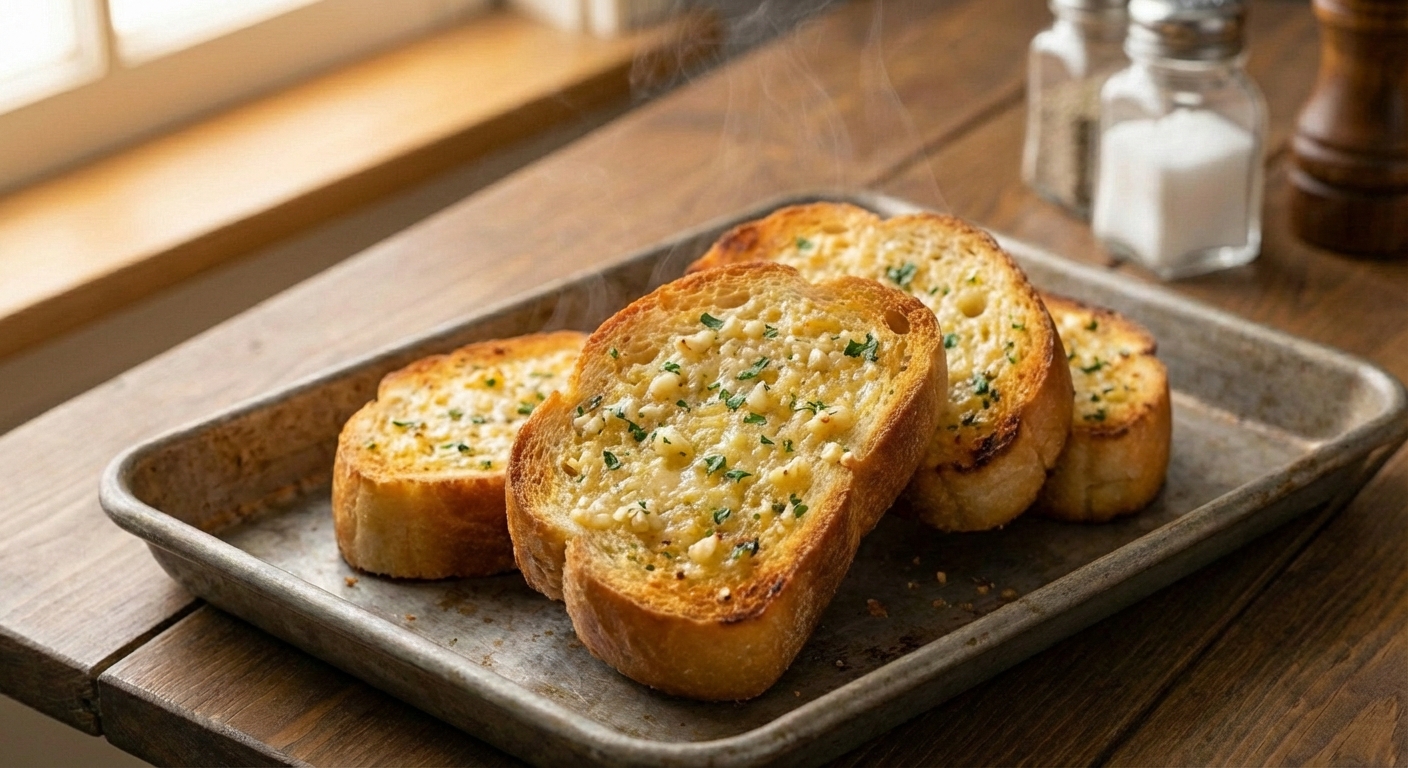 Garlic bread slices toasted until golden on a baking sheet